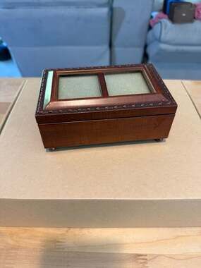 Vintage Sankyo Woodgrain Musical Jewelry Box with Photo Frame Top